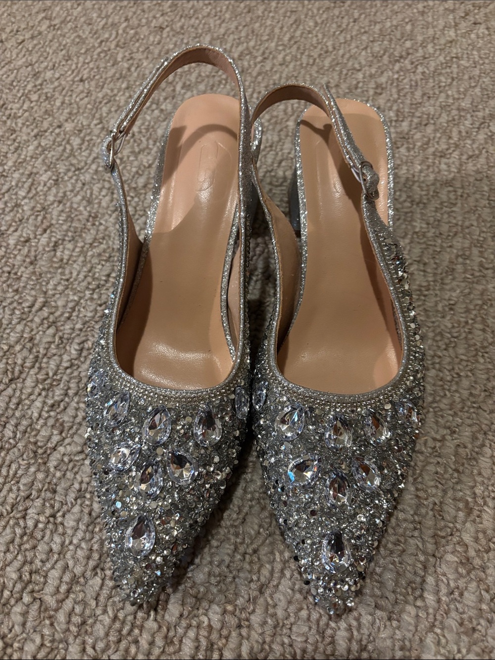 Women's Silver Embellished Pointed Slingback Flats